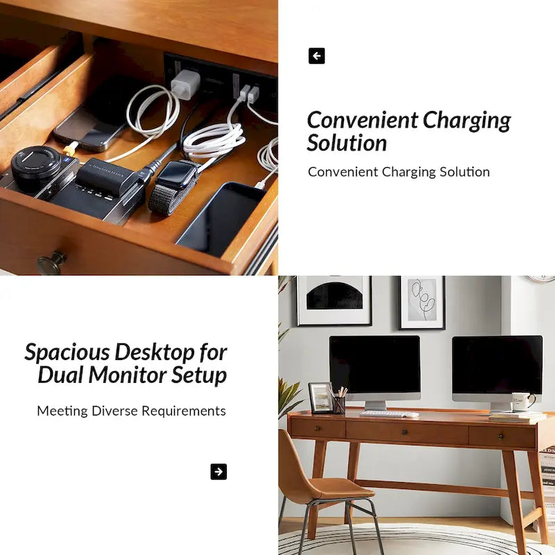 Walnut Mid-Century Office Desk with 3 Drawers and Charging Station