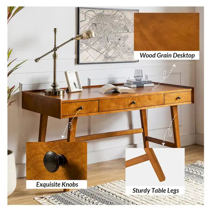 Walnut Mid-Century Office Desk with 3 Drawers and Charging Station