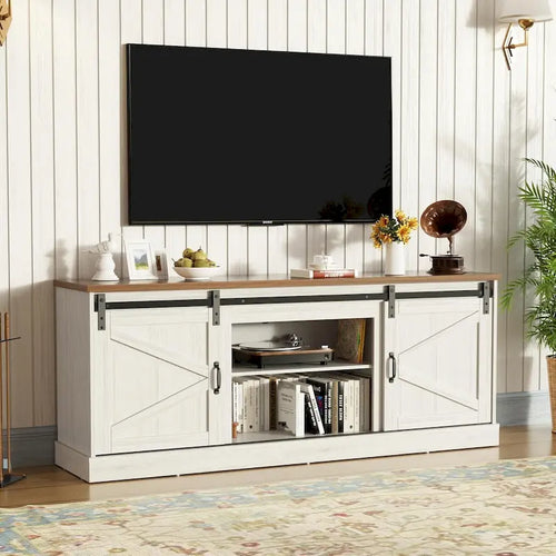 67  Farmhouse TV Stand with Large Cabinet with Sliding Barn Door & Fireplace