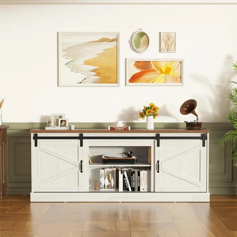 67" Rustic Brown TV Stand with Sliding Barn Door for 75" TV