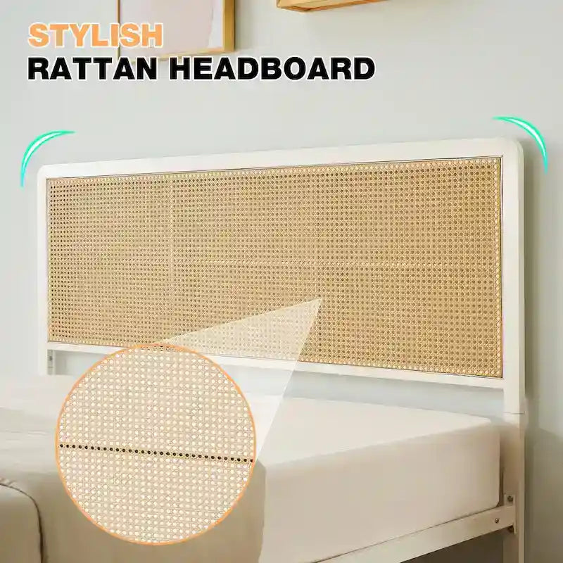 Modern Rattan Platform Bed Frame with Headboard LED light