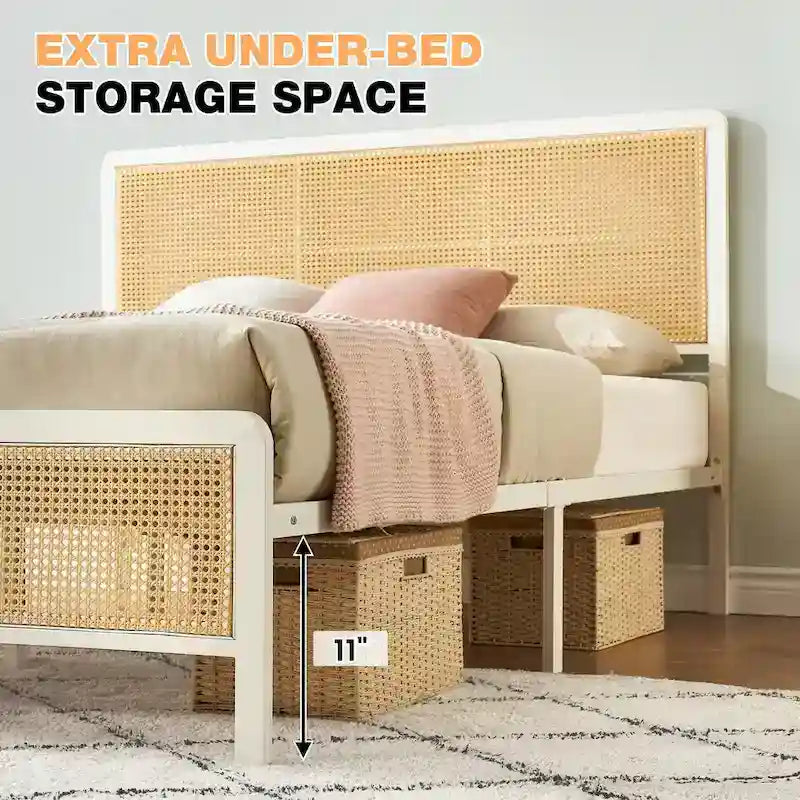 Modern Rattan Platform Bed Frame with Headboard LED light