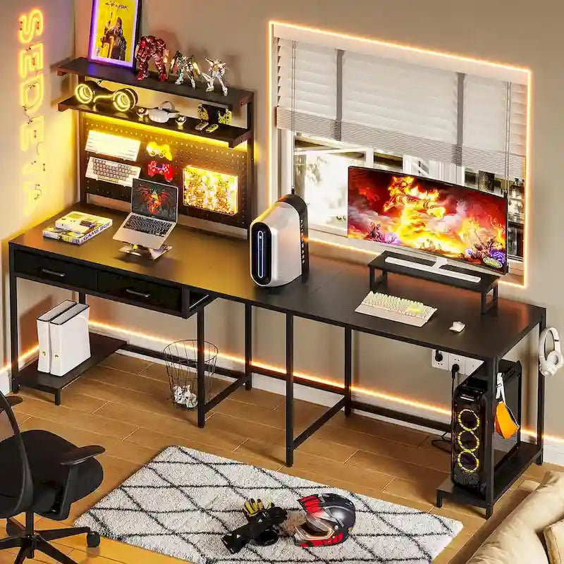 Scrivania da gioco a L con pannello forato, cassetti e supporto per monitor