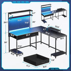 Scrivania da gioco a L con pannello forato, cassetti e supporto per monitor