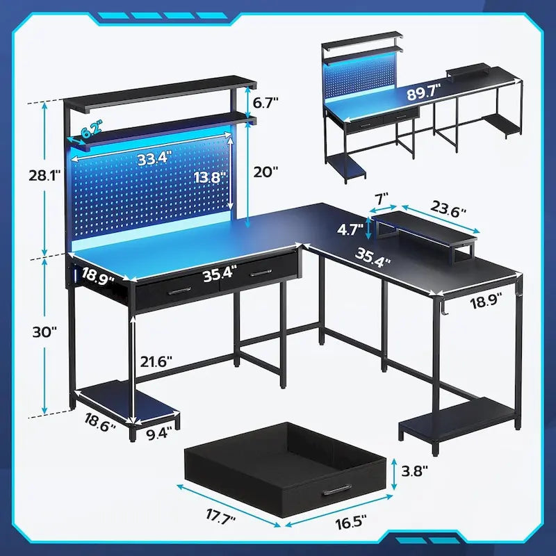 Scrivania da gioco a L con pannello forato, cassetti e supporto per monitor