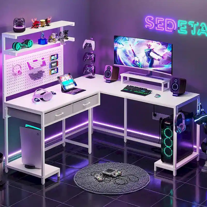 Scrivania da gioco a L con pannello forato, cassetti e supporto per monitor