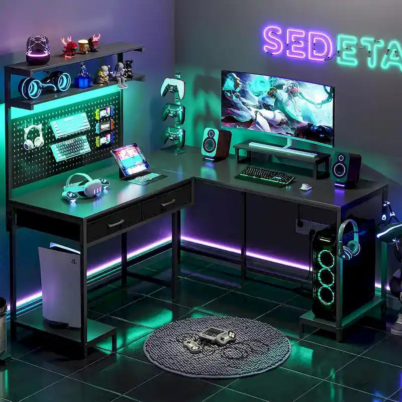 Scrivania da gioco a L con pannello forato, cassetti e supporto per monitor
