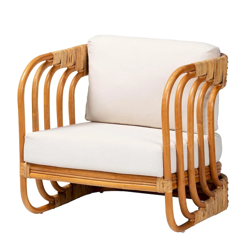 Natural Rattan Arm Chair with White Cushion - Single Seat