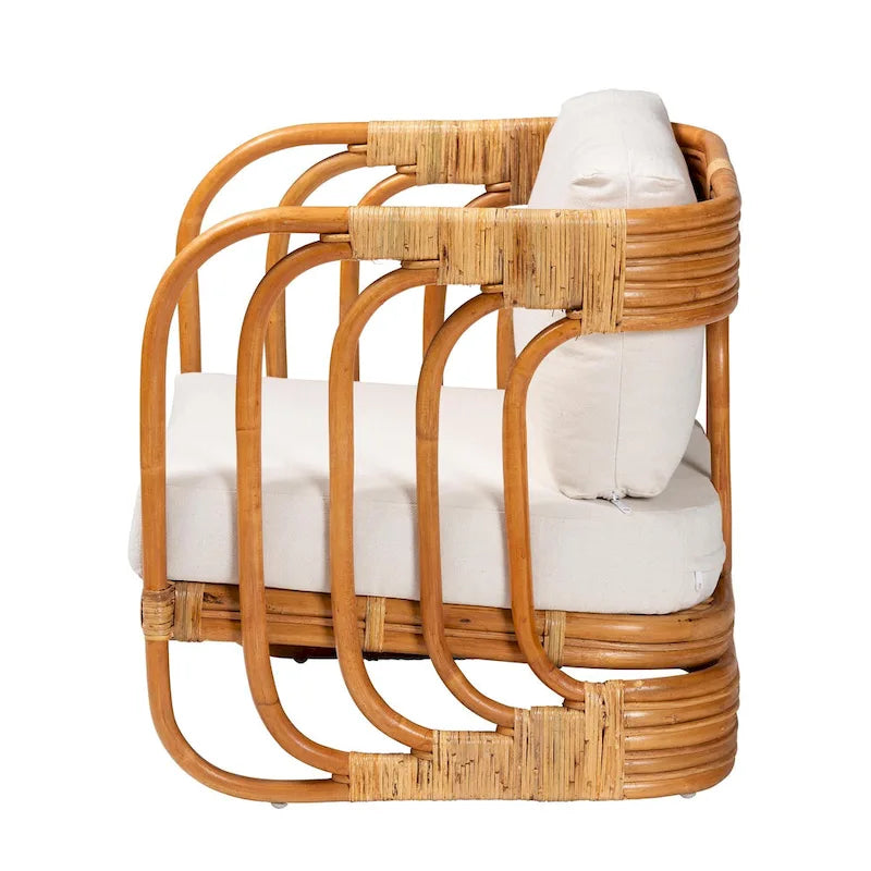 Natural Rattan Arm Chair with White Cushion - Single Seat