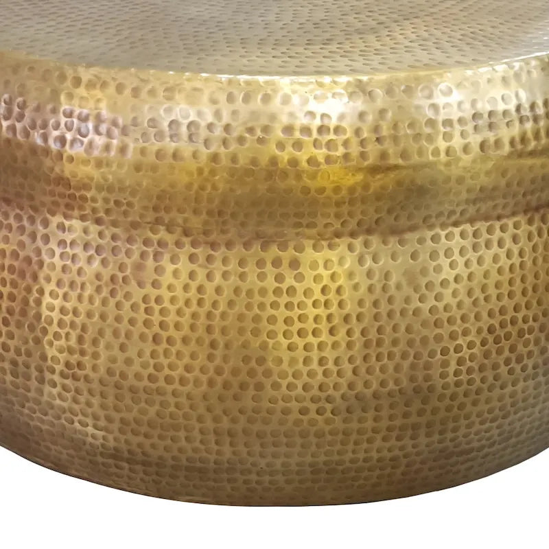 Tavolino da caffè a tamburo rotondo artigianale da 32 pollici, texture a sbalzo martellata, alluminio, ottone anticato