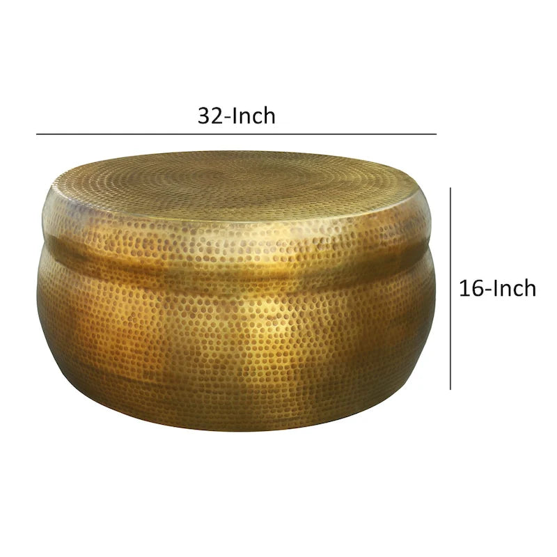 Tavolino da caffè a tamburo rotondo artigianale da 32 pollici, texture a sbalzo martellata, alluminio, ottone anticato