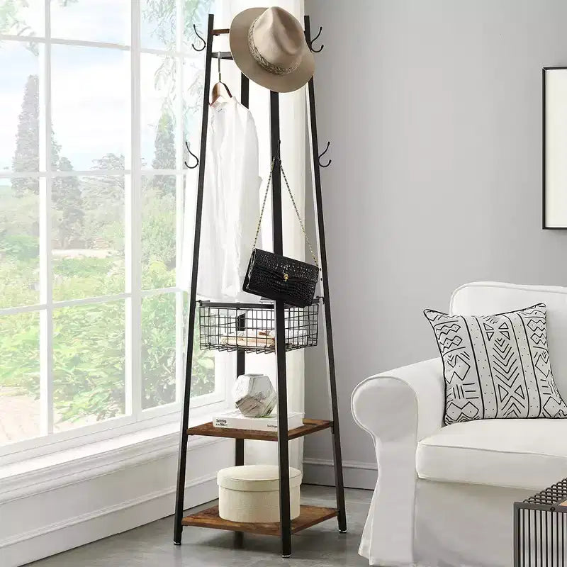 VECELO Freestanding Industrial Coat Rack with Metal Basket, 2 Shelves & 8 Dual Hooks  Entryway Hall Tree for Hats, Bags, and Scarves