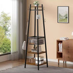 VECELO Freestanding Industrial Coat Rack with Metal Basket, 2 Shelves & 8 Dual Hooks  Entryway Hall Tree for Hats, Bags, and Scarves