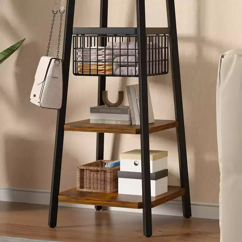 VECELO Freestanding Industrial Coat Rack with Metal Basket, 2 Shelves & 8 Dual Hooks  Entryway Hall Tree for Hats, Bags, and Scarves