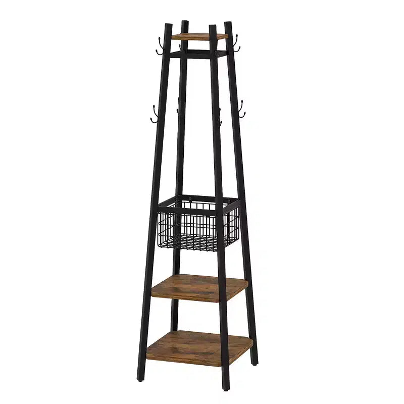VECELO Freestanding Industrial Coat Rack with Metal Basket, 2 Shelves & 8 Dual Hooks  Entryway Hall Tree for Hats, Bags, and Scarves