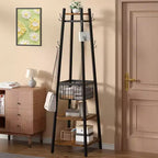 VECELO Freestanding Industrial Coat Rack with Metal Basket, 2 Shelves & 8 Dual Hooks  Entryway Hall Tree for Hats, Bags, and Scarves