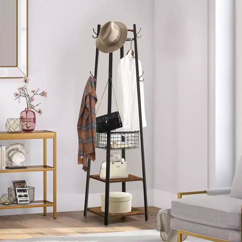 VECELO Freestanding Industrial Coat Rack with Metal Basket, 2 Shelves & 8 Dual Hooks  Entryway Hall Tree for Hats, Bags, and Scarves