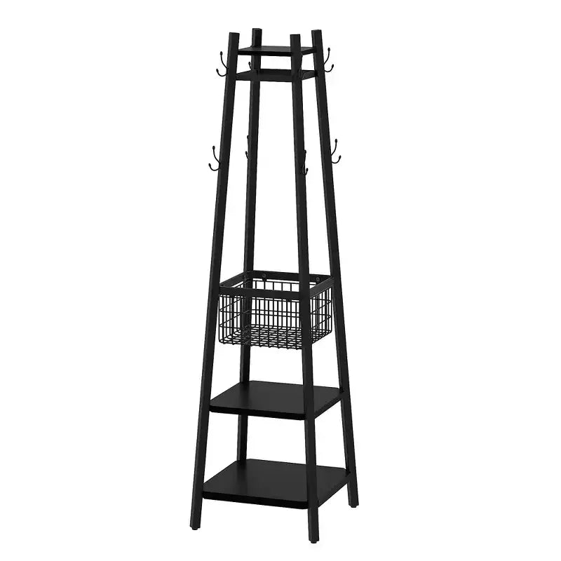 VECELO Freestanding Industrial Coat Rack with Metal Basket, 2 Shelves & 8 Dual Hooks  Entryway Hall Tree for Hats, Bags, and Scarves