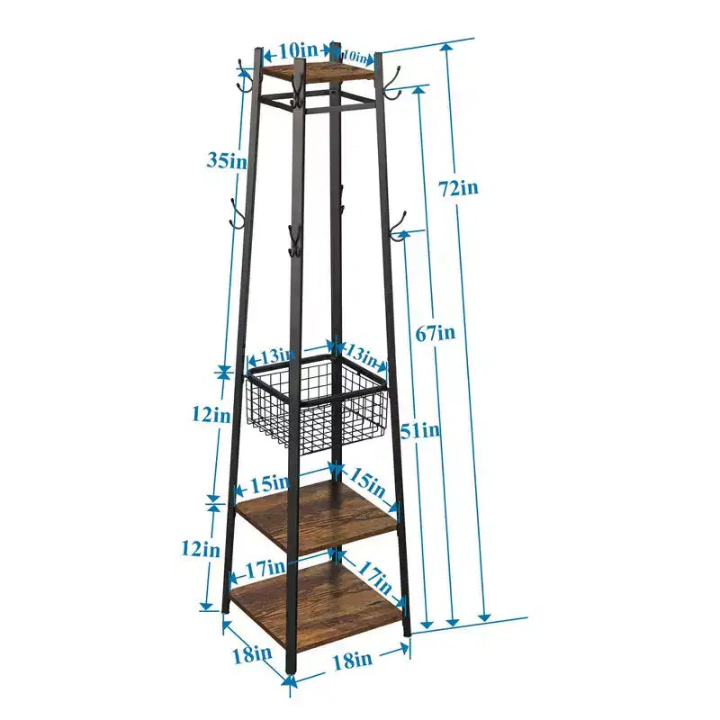 VECELO Freestanding Industrial Coat Rack with Metal Basket, 2 Shelves & 8 Dual Hooks  Entryway Hall Tree for Hats, Bags, and Scarves