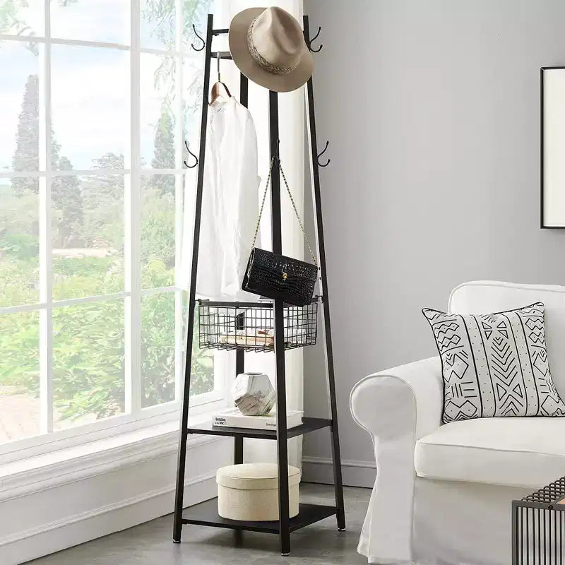 VECELO Freestanding Industrial Coat Rack with Metal Basket, 2 Shelves & 8 Dual Hooks  Entryway Hall Tree for Hats, Bags, and Scarves