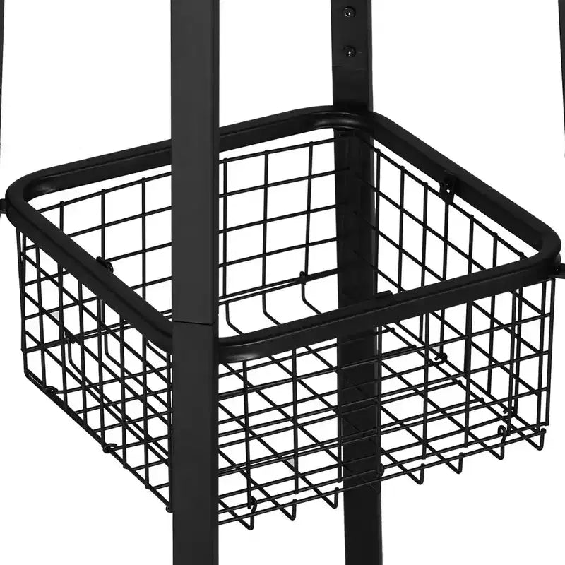 VECELO Freestanding Industrial Coat Rack with Metal Basket, 2 Shelves & 8 Dual Hooks  Entryway Hall Tree for Hats, Bags, and Scarves
