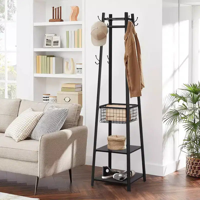 VECELO Freestanding Industrial Coat Rack with Metal Basket, 2 Shelves & 8 Dual Hooks  Entryway Hall Tree for Hats, Bags, and Scarves
