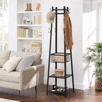 VECELO Freestanding Industrial Coat Rack with Metal Basket, 2 Shelves & 8 Dual Hooks  Entryway Hall Tree for Hats, Bags, and Scarves