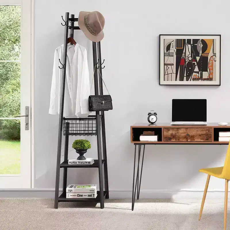 VECELO Freestanding Industrial Coat Rack with Metal Basket, 2 Shelves & 8 Dual Hooks  Entryway Hall Tree for Hats, Bags, and Scarves