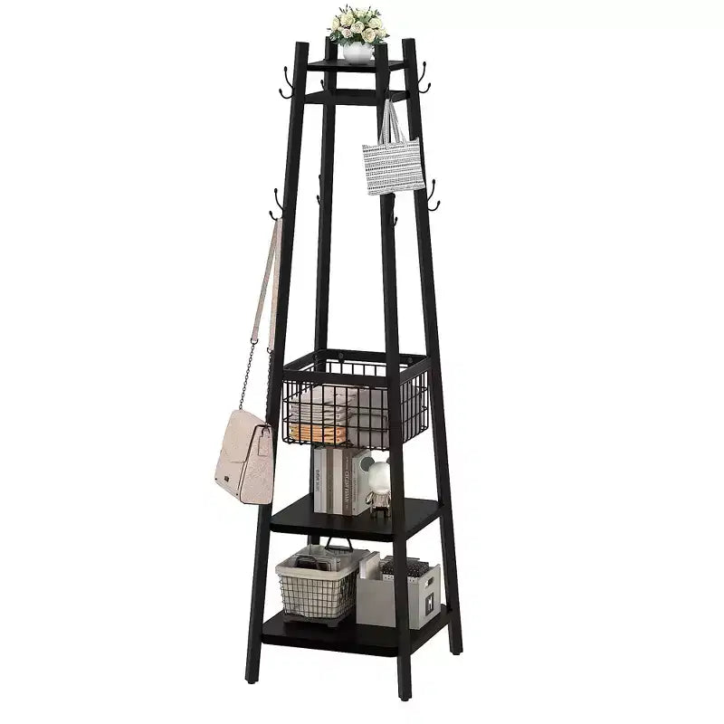 VECELO Freestanding Industrial Coat Rack with Metal Basket, 2 Shelves & 8 Dual Hooks  Entryway Hall Tree for Hats, Bags, and Scarves
