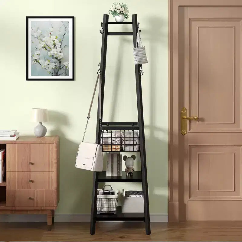 VECELO Freestanding Industrial Coat Rack with Metal Basket, 2 Shelves & 8 Dual Hooks  Entryway Hall Tree for Hats, Bags, and Scarves