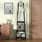 VECELO Freestanding Industrial Coat Rack with Metal Basket, 2 Shelves & 8 Dual Hooks  Entryway Hall Tree for Hats, Bags, and Scarves
