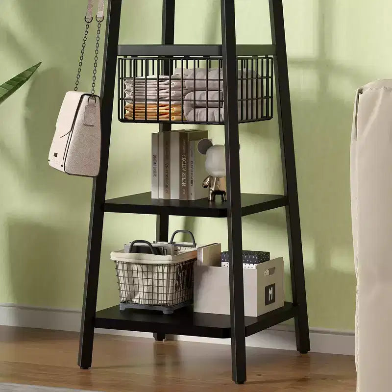 VECELO Freestanding Industrial Coat Rack with Metal Basket, 2 Shelves & 8 Dual Hooks  Entryway Hall Tree for Hats, Bags, and Scarves