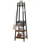 VECELO Freestanding Industrial Coat Rack with Metal Basket, 2 Shelves & 8 Dual Hooks  Entryway Hall Tree for Hats, Bags, and Scarves