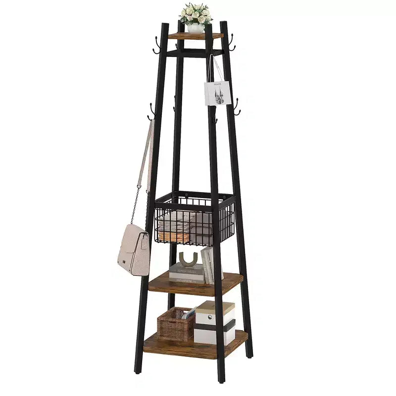 VECELO Freestanding Industrial Coat Rack with Metal Basket, 2 Shelves & 8 Dual Hooks  Entryway Hall Tree for Hats, Bags, and Scarves