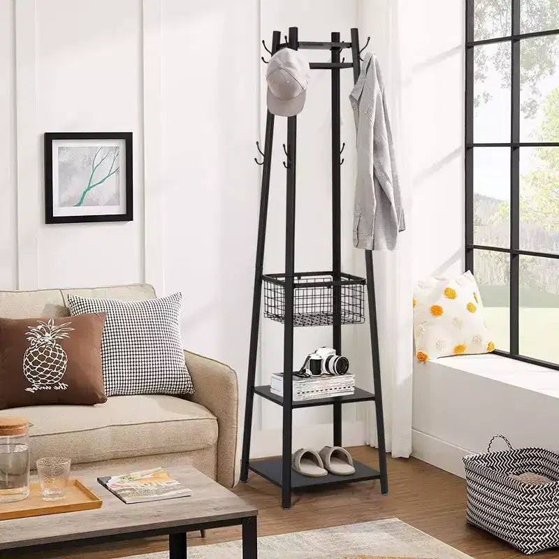 VECELO Freestanding Industrial Coat Rack with Metal Basket, 2 Shelves & 8 Dual Hooks  Entryway Hall Tree for Hats, Bags, and Scarves