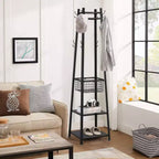 VECELO Freestanding Industrial Coat Rack with Metal Basket, 2 Shelves & 8 Dual Hooks  Entryway Hall Tree for Hats, Bags, and Scarves