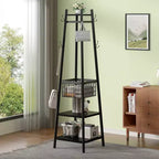 VECELO Freestanding Industrial Coat Rack with Metal Basket, 2 Shelves & 8 Dual Hooks  Entryway Hall Tree for Hats, Bags, and Scarves