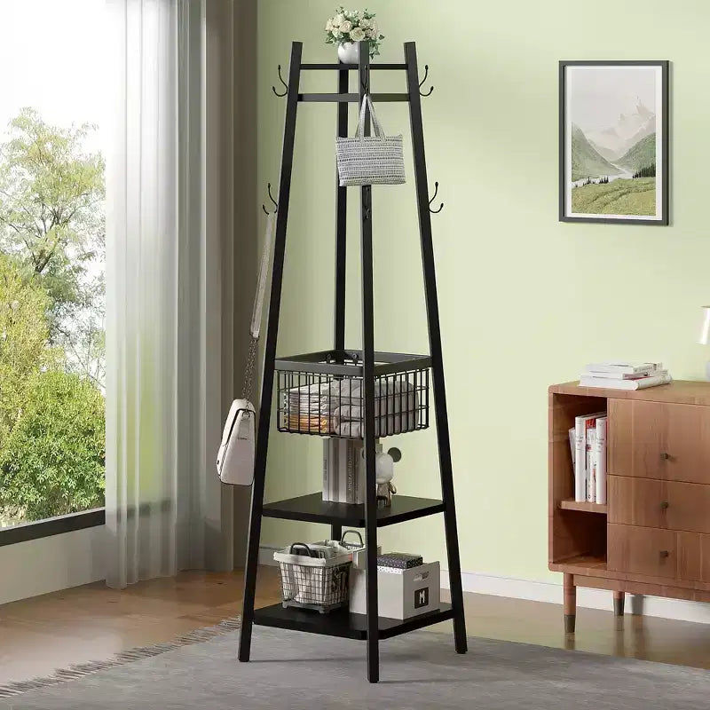 VECELO Freestanding Industrial Coat Rack with Metal Basket, 2 Shelves & 8 Dual Hooks  Entryway Hall Tree for Hats, Bags, and Scarves