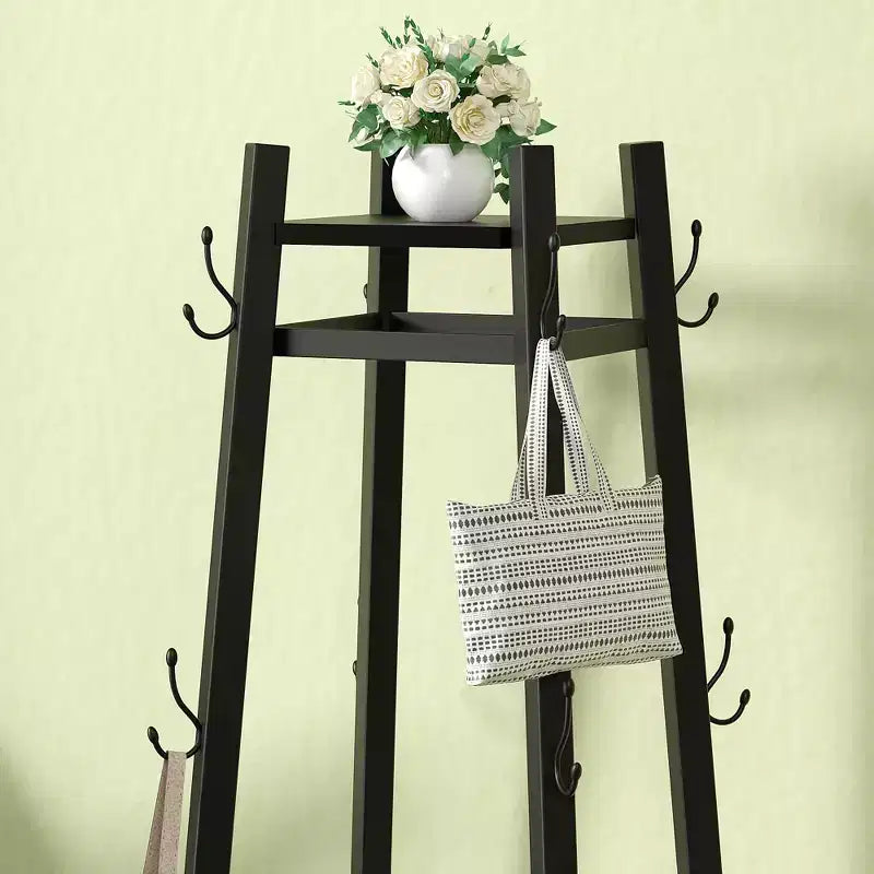 VECELO Freestanding Industrial Coat Rack with Metal Basket, 2 Shelves & 8 Dual Hooks  Entryway Hall Tree for Hats, Bags, and Scarves