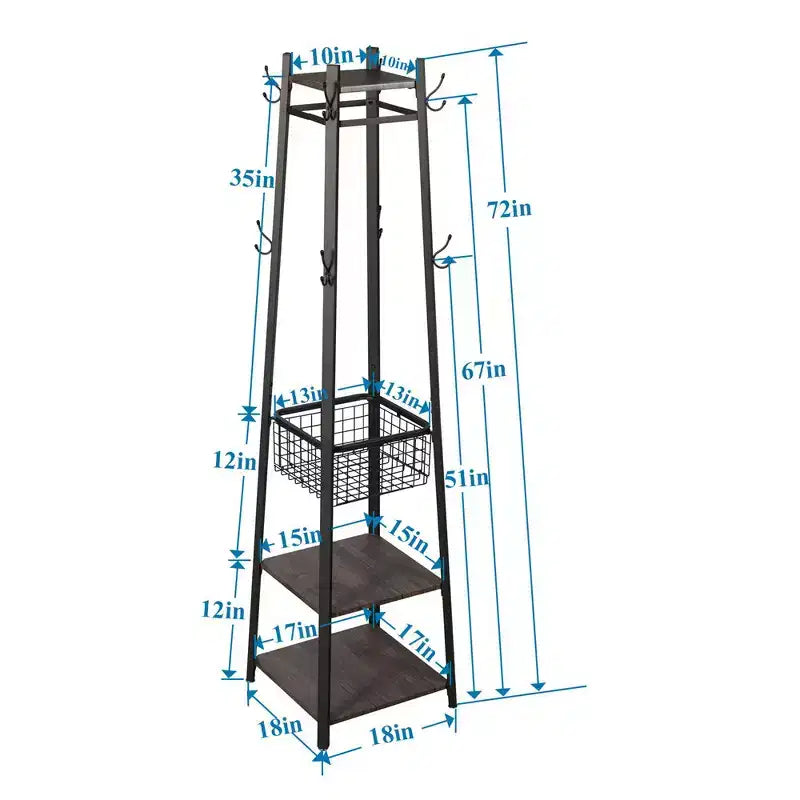 VECELO Freestanding Industrial Coat Rack with Metal Basket, 2 Shelves & 8 Dual Hooks  Entryway Hall Tree for Hats, Bags, and Scarves