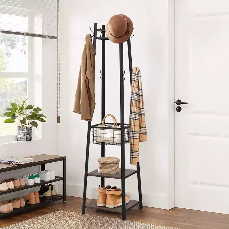 VECELO Freestanding Industrial Coat Rack with Metal Basket, 2 Shelves & 8 Dual Hooks  Entryway Hall Tree for Hats, Bags, and Scarves