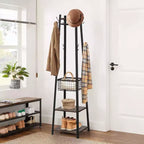 VECELO Freestanding Industrial Coat Rack with Metal Basket, 2 Shelves & 8 Dual Hooks  Entryway Hall Tree for Hats, Bags, and Scarves