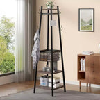 VECELO Freestanding Industrial Coat Rack with Metal Basket, 2 Shelves & 8 Dual Hooks  Entryway Hall Tree for Hats, Bags, and Scarves