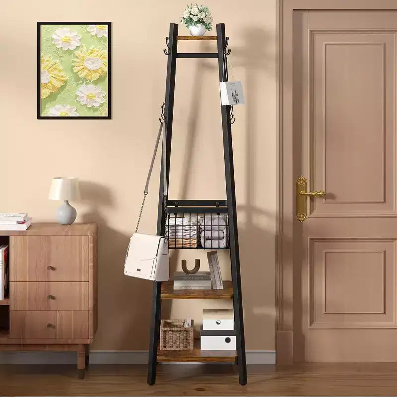 VECELO Freestanding Industrial Coat Rack with Metal Basket, 2 Shelves & 8 Dual Hooks  Entryway Hall Tree for Hats, Bags, and Scarves