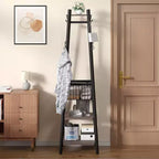 VECELO Freestanding Industrial Coat Rack with Metal Basket, 2 Shelves & 8 Dual Hooks  Entryway Hall Tree for Hats, Bags, and Scarves