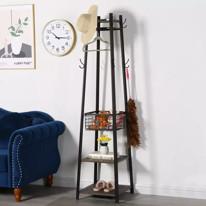VECELO Freestanding Industrial Coat Rack with Metal Basket, 2 Shelves & 8 Dual Hooks  Entryway Hall Tree for Hats, Bags, and Scarves