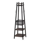VECELO Freestanding Industrial Coat Rack with Metal Basket, 2 Shelves & 8 Dual Hooks  Entryway Hall Tree for Hats, Bags, and Scarves