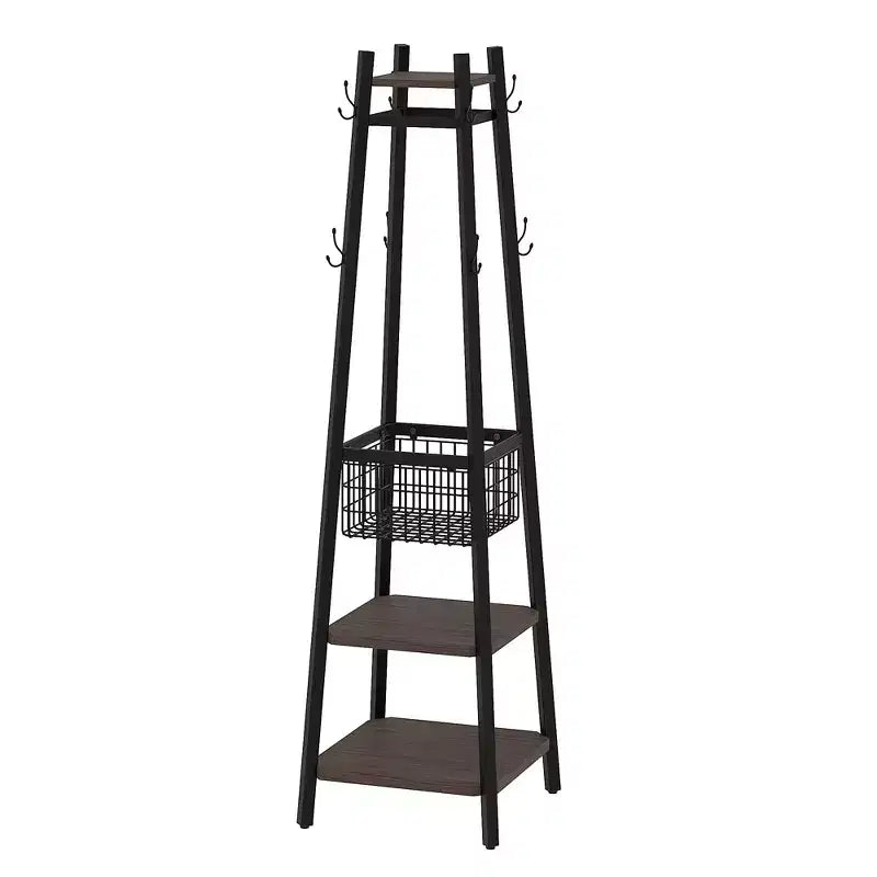 VECELO Freestanding Industrial Coat Rack with Metal Basket, 2 Shelves & 8 Dual Hooks  Entryway Hall Tree for Hats, Bags, and Scarves