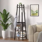 VECELO Freestanding Industrial Coat Rack with Metal Basket, 2 Shelves & 8 Dual Hooks  Entryway Hall Tree for Hats, Bags, and Scarves