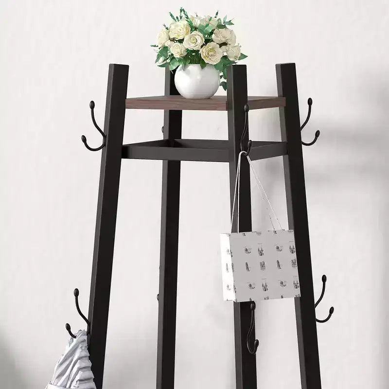 VECELO Freestanding Industrial Coat Rack with Metal Basket, 2 Shelves & 8 Dual Hooks  Entryway Hall Tree for Hats, Bags, and Scarves